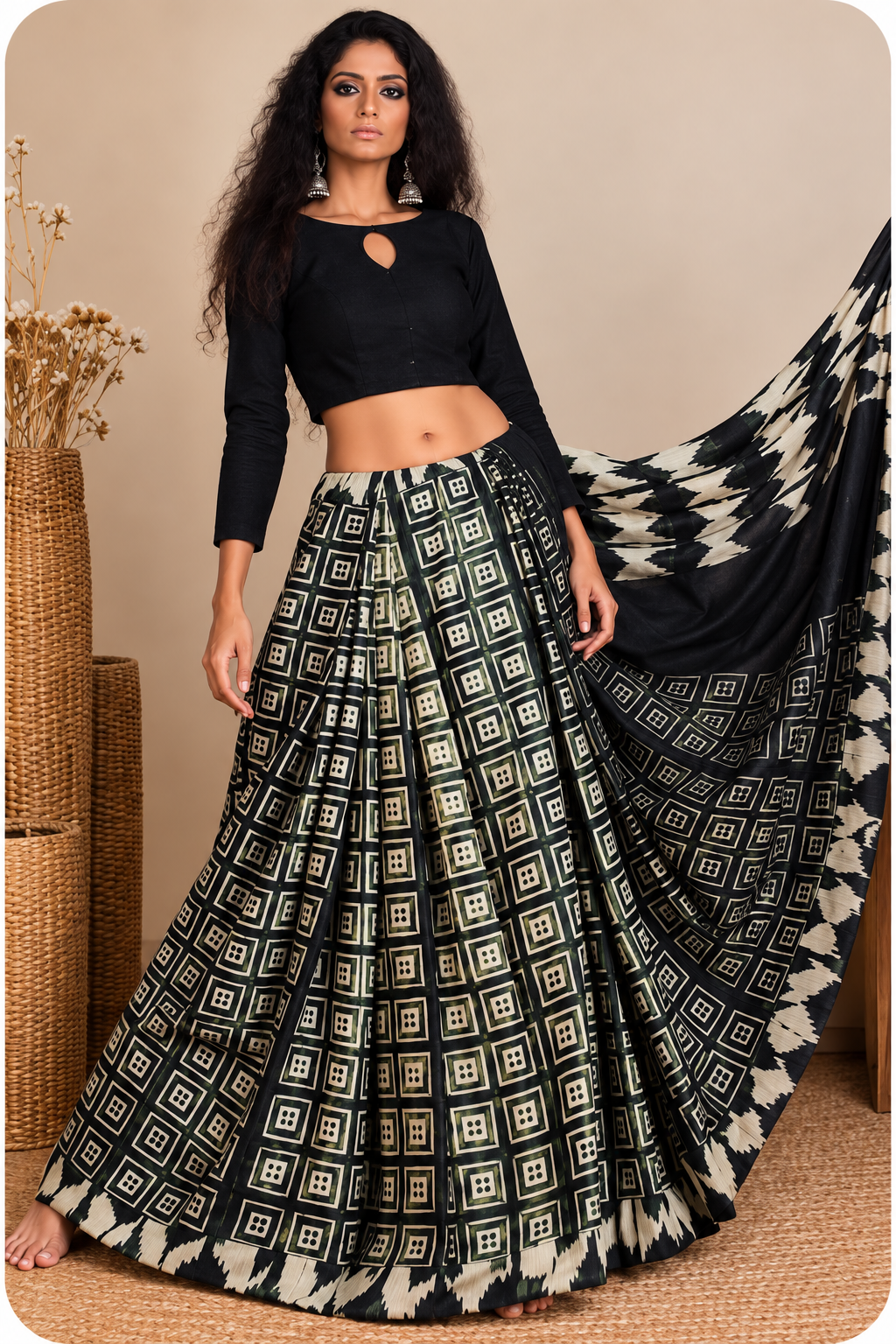 Black & Ivory Geometric Shibori Saree