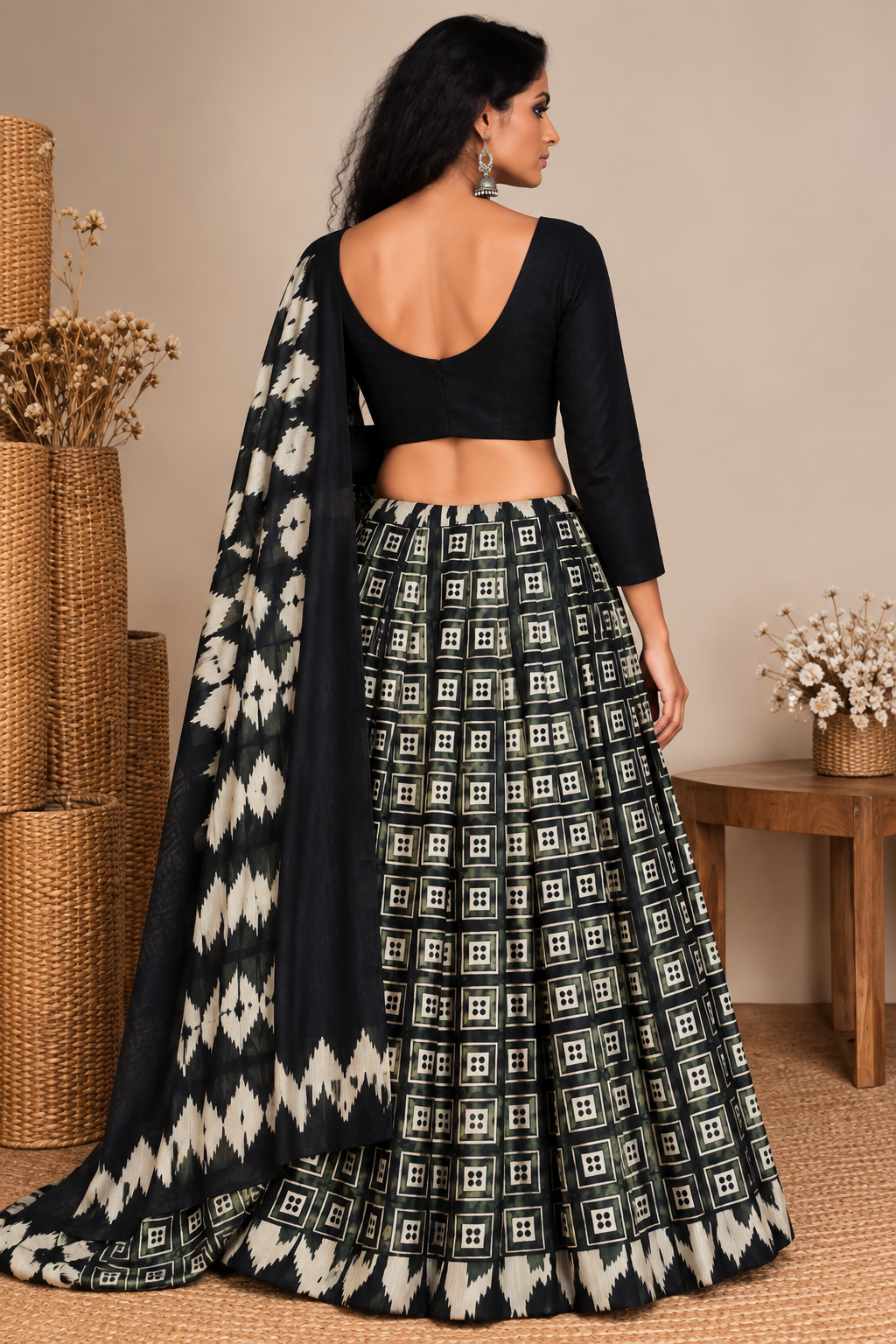 Black & Ivory Geometric Shibori Saree