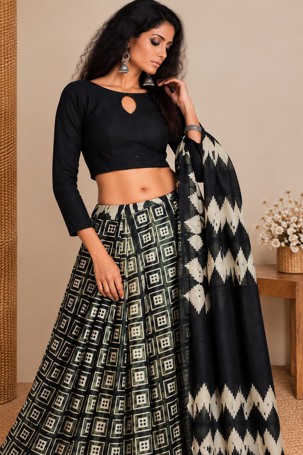 Black & Ivory Geometric Shibori Saree