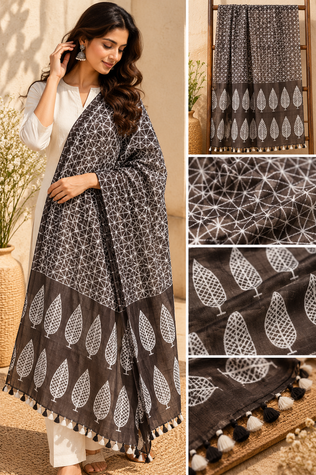 Charcoal Black Shibori Dupatta with Leaf Motifs