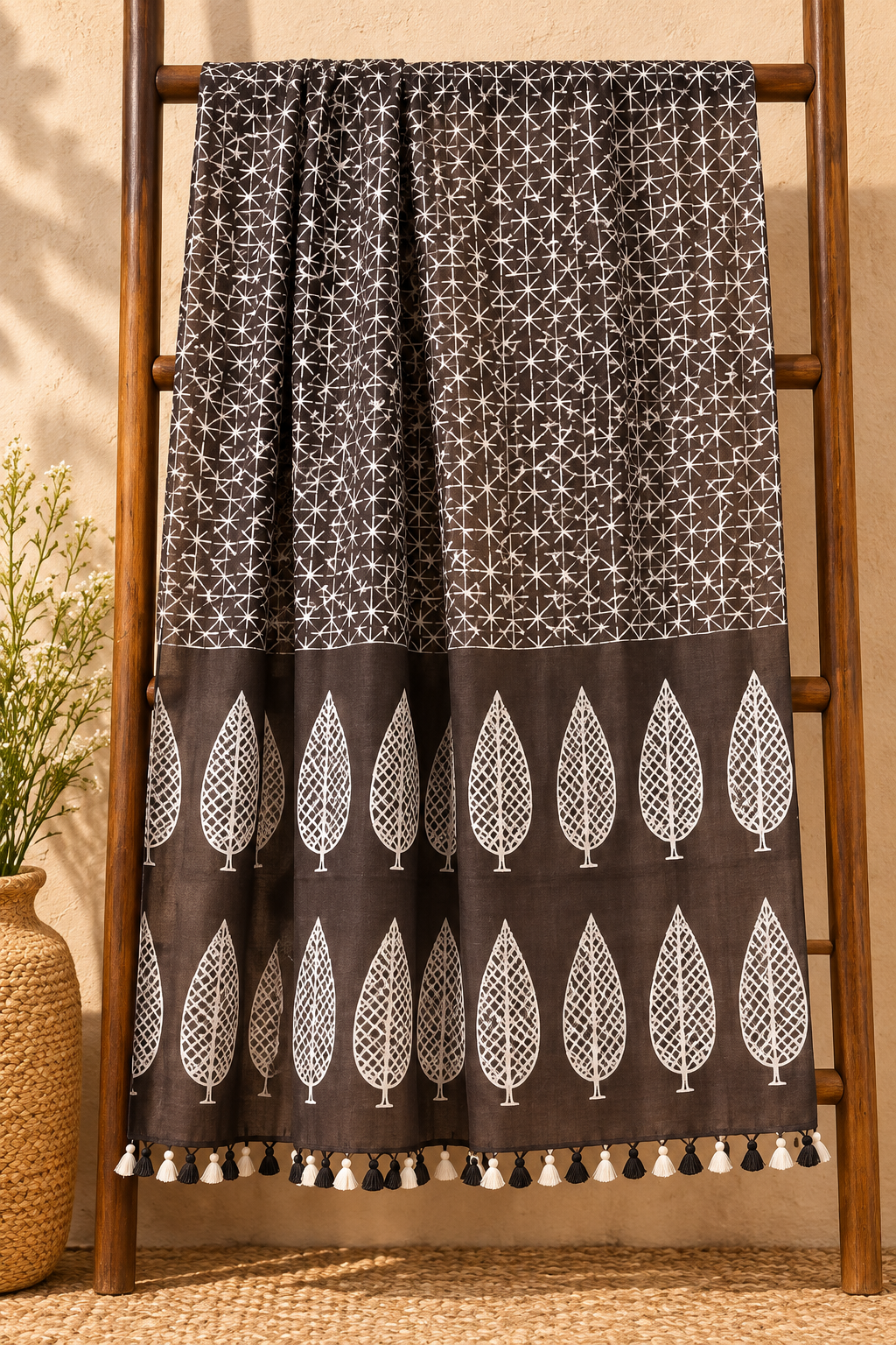 Charcoal Black Shibori Dupatta with Leaf Motifs