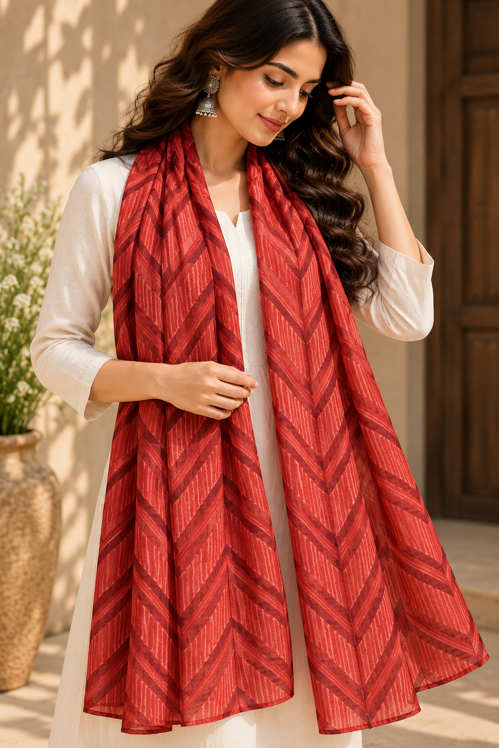 Maroon Chevron Shibori Stole