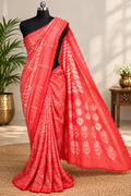 Coral Red Shibori Saree with White Botanical Motifs