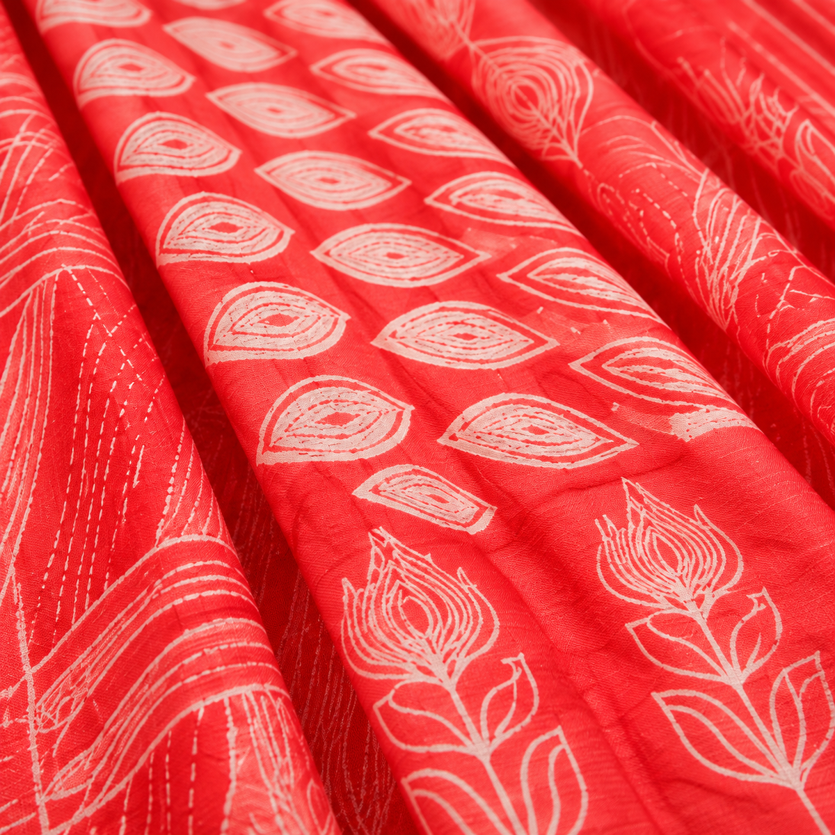 Coral Red Shibori Saree with White Botanical Motifs