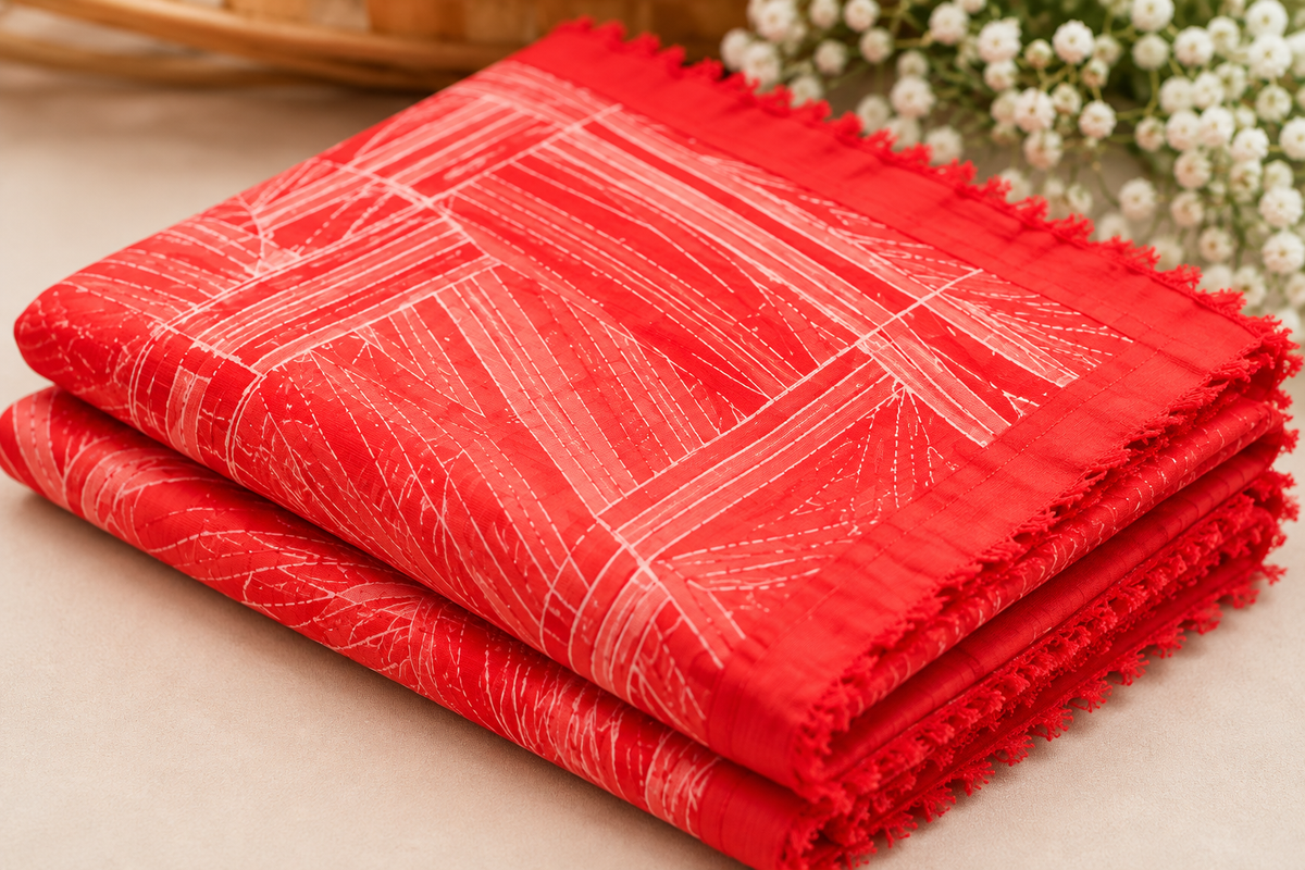 Coral Red Shibori Saree with White Botanical Motifs