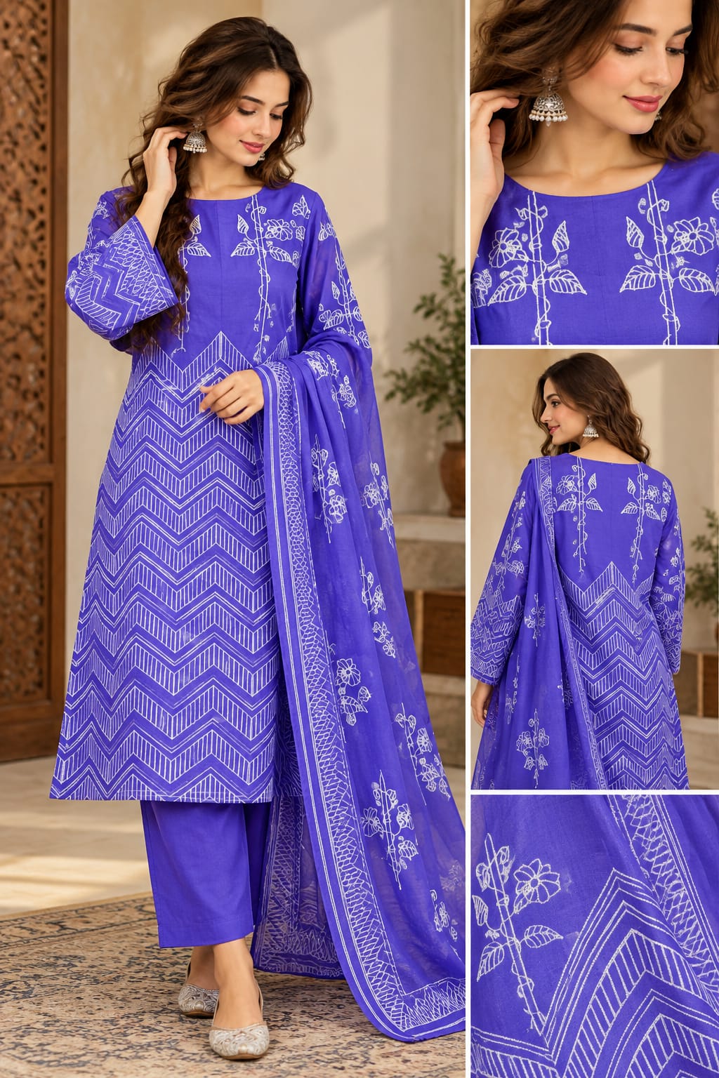 A woman modeling a royal blue three-piece traditional outfit with white printed patterns, shown in a full-body view alongside three inset close-up panels highlighting the kurta, dupatta, and embroidery details.
