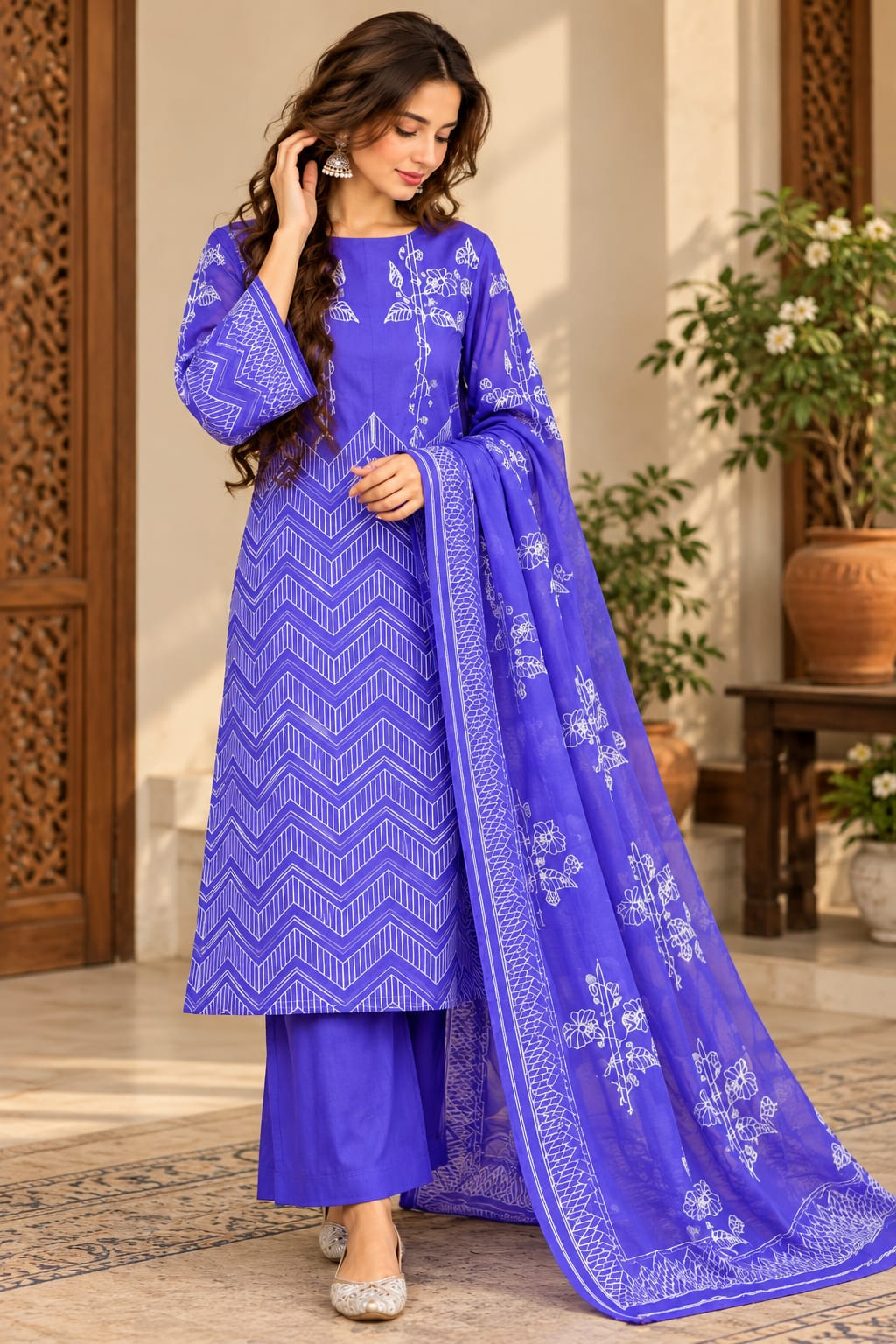 Shibori Printed Suit Set with Floral Dupatta